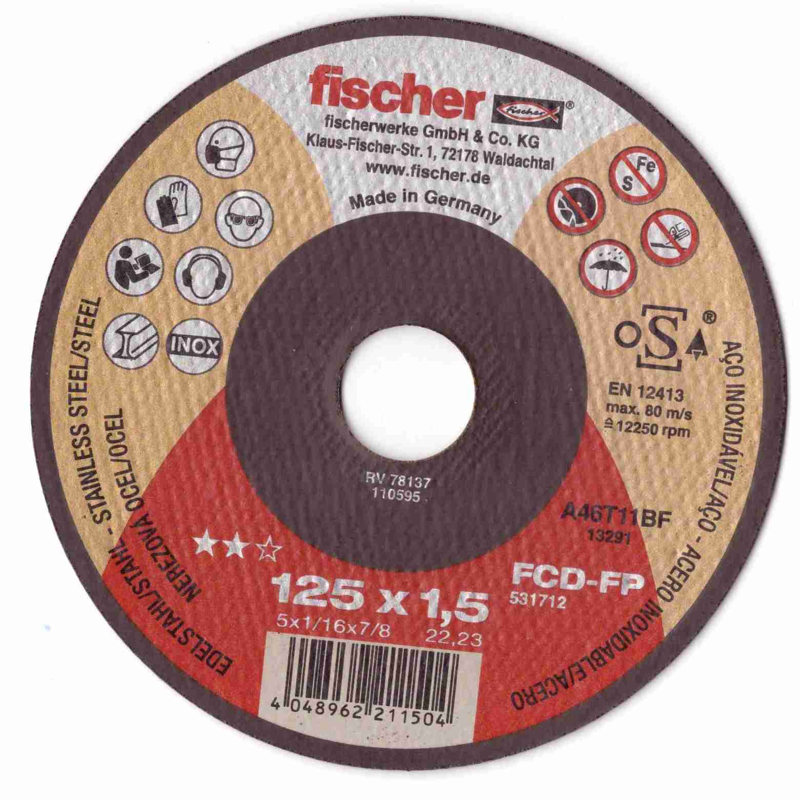 Řezný kotouč Fischer na ocel a nerez 125x1,5x22,2  č. 531712