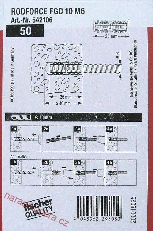 Hmoždinka RODFORCE FGD 10 M6  fischer č. 542106