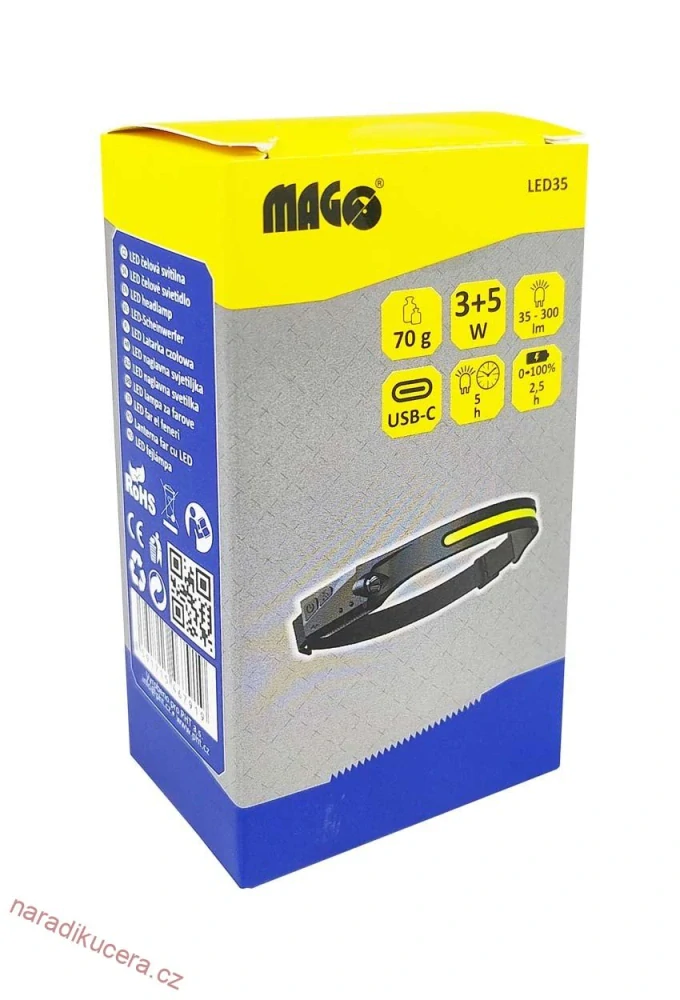 LED čelová svítilna 3W + 5W, 90 + 300 lm, Li-ion
