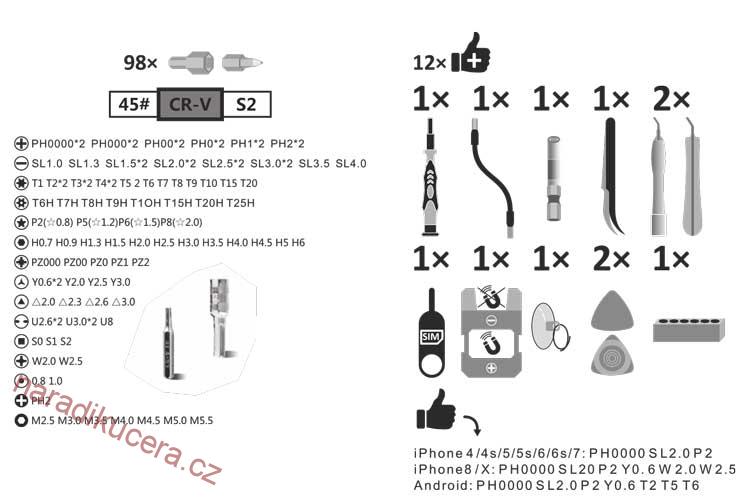 Sada bitů a nástrojů pro mikroelektroniku - 110ks  č. 080145